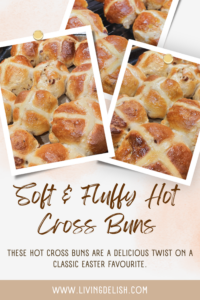 Soft and fluffy hot cross buns with a golden glaze and piped crosses, made with orange zest and sultanas