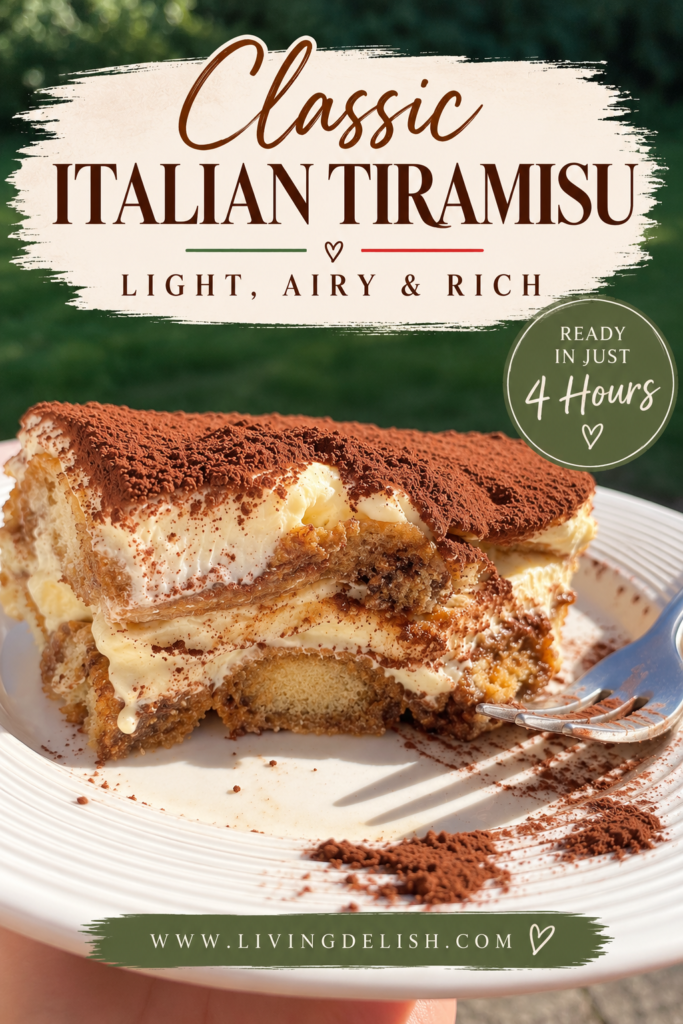A classic Italian tiramisu with silky mascarpone cream, coffee-soaked Savoiardi and a generous dusting of cocoa. Light, airy and rich without being heavy — and ready in just 4 hours.